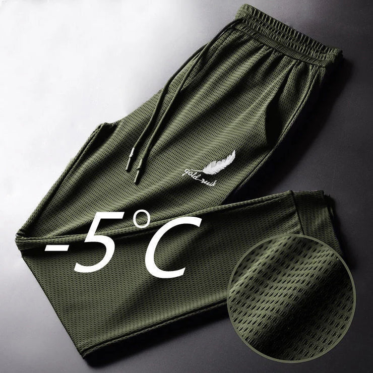 Men's Hollow Out Ice Silk Pants Mesh Breathable Casual Thin Quick Dry Pant Loose Elastic Beam Feet Pants Sports Fitness Trousers