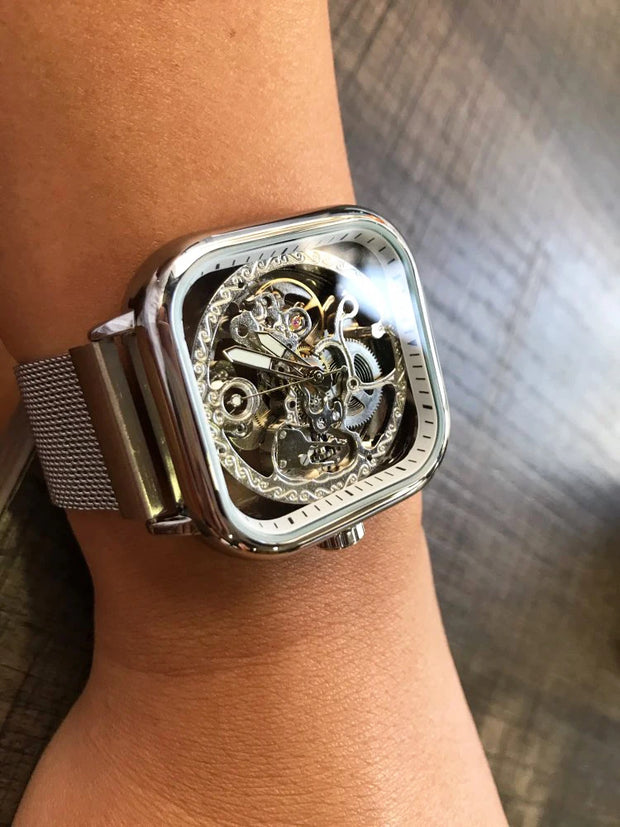Forsining Men Mechanical Watches Automatic Self-Wind Golden Transparent Fashion Mesh Steel Wristwatch Skeleton Man Male Hot Hour