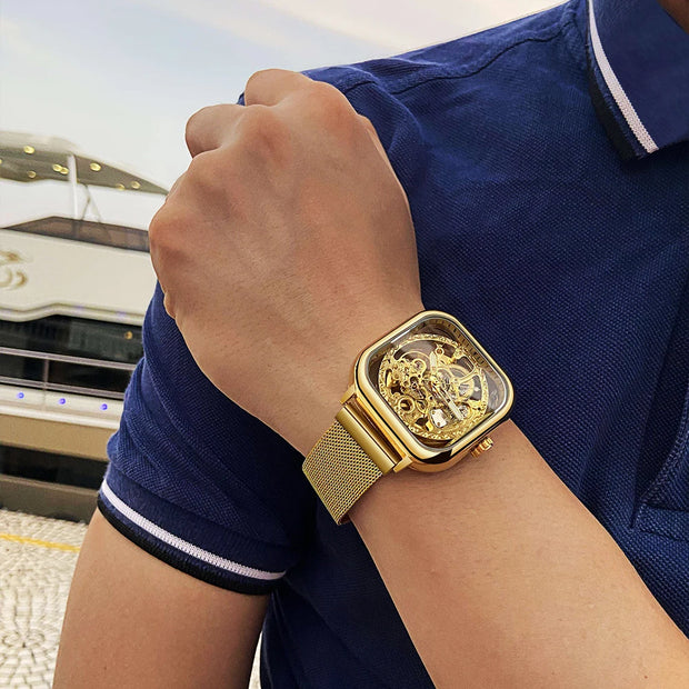 Forsining Men Mechanical Watches Automatic Self-Wind Golden Transparent Fashion Mesh Steel Wristwatch Skeleton Man Male Hot Hour