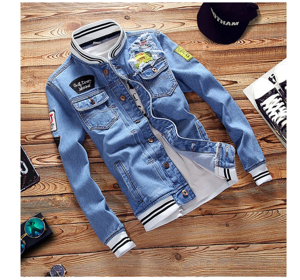 DIMUSI Men's Denim Jackets Fashion Male Trendy Ripped Denim Bomber Coats Mens Casual Windbreaker Cowboy Jeans Jackets Clothing