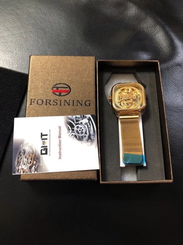 Forsining Men Mechanical Watches Automatic Self-Wind Golden Transparent Fashion Mesh Steel Wristwatch Skeleton Man Male Hot Hour