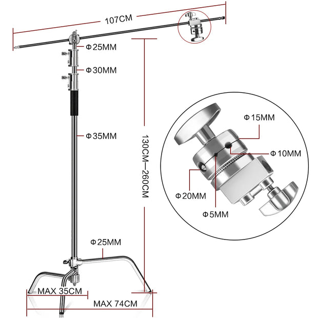 2.6M/8.5FT Stainless Steel Century Foldable Light Stand Tripod