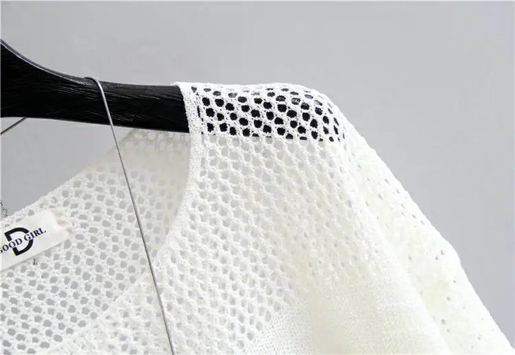 Spring and Summer New Ice Silk Knitted Vest Top Hollow Out Thin Bottoming Sling Streetwear Womens Clothing White Shirt 13686