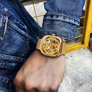 Forsining Men Mechanical Watches Automatic Self-Wind Golden Transparent Fashion Mesh Steel Wristwatch Skeleton Man Male Hot Hour
