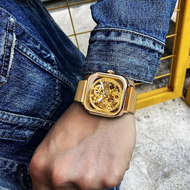 Forsining Men Mechanical Watches Automatic Self-Wind Golden Transparent Fashion Mesh Steel Wristwatch Skeleton Man Male Hot Hour