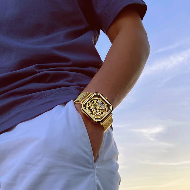 Forsining Men Mechanical Watches Automatic Self-Wind Golden Transparent Fashion Mesh Steel Wristwatch Skeleton Man Male Hot Hour