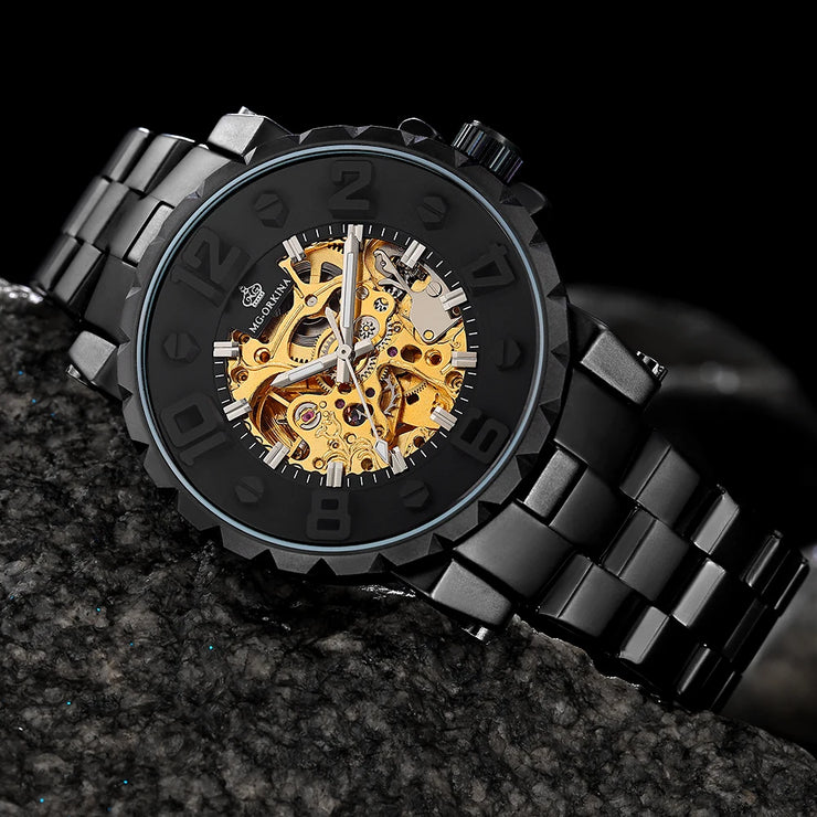 MG. ORKINA Men Wristwatch Golden Skeleton Clock Mechanical Male Wrist Watch Black Relogio Masculino Automatic Zegarek Meski