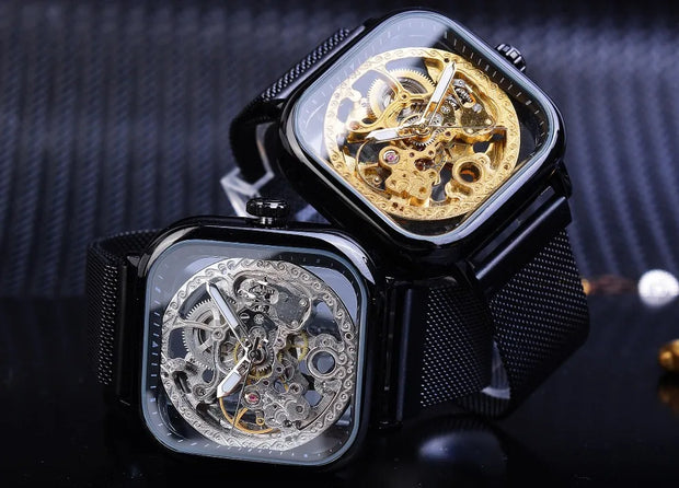 Forsining Men Mechanical Watches Automatic Self-Wind Golden Transparent Fashion Mesh Steel Wristwatch Skeleton Man Male Hot Hour