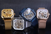 Forsining Men Mechanical Watches Automatic Self-Wind Golden Transparent Fashion Mesh Steel Wristwatch Skeleton Man Male Hot Hour