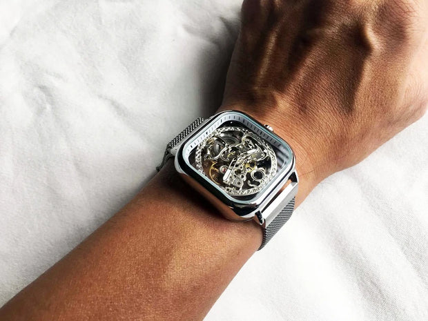 Forsining Men Mechanical Watches Automatic Self-Wind Golden Transparent Fashion Mesh Steel Wristwatch Skeleton Man Male Hot Hour