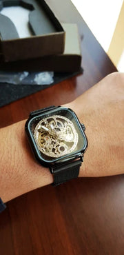 Forsining Men Mechanical Watches Automatic Self-Wind Golden Transparent Fashion Mesh Steel Wristwatch Skeleton Man Male Hot Hour
