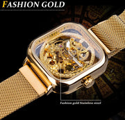 Forsining Men Mechanical Watches Automatic Self-Wind Golden Transparent Fashion Mesh Steel Wristwatch Skeleton Man Male Hot Hour