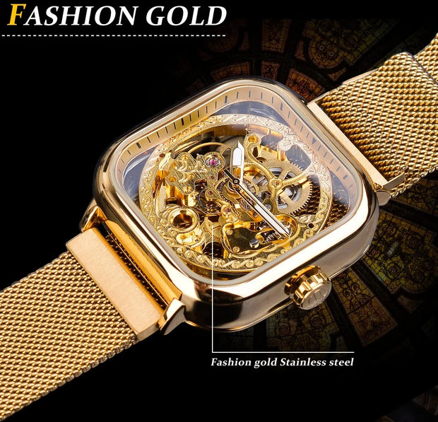 Forsining Men Mechanical Watches Automatic Self-Wind Golden Transparent Fashion Mesh Steel Wristwatch Skeleton Man Male Hot Hour