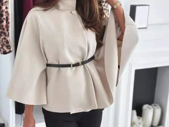 Elegant Solid Cape Fashion Office Lady Button Half Turtleneck Bat Sleeve Belt Coat Autumn Commuting Woolen Women Clothing