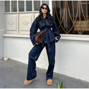Vintage Belt Denim Jacket Pants Set Women Lapel Single Breasted Jackets Pockets Straight Jeans 2025 Spring Lady Street Outfits
