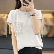 Women's T-shirt Spring/Summer Worsted Cotton Knitwear Casual Solid Color Ladies' Tops Loose Round Neck Blouse Pullover Tees