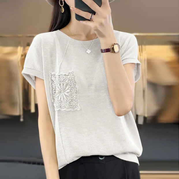 Women's T-shirt Spring/Summer Worsted Cotton Knitwear Casual Solid Color Ladies' Tops Loose Round Neck Blouse Pullover Tees