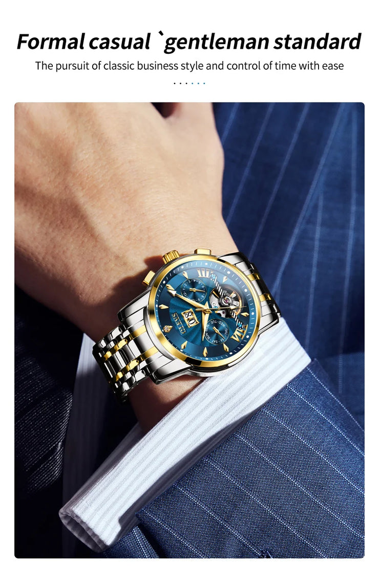 OLEVS 9965 Mens Watch Classic Hollow Out Automatic Mechanical Watch Original Movement Waterproof Luminous Calendar Year Moon