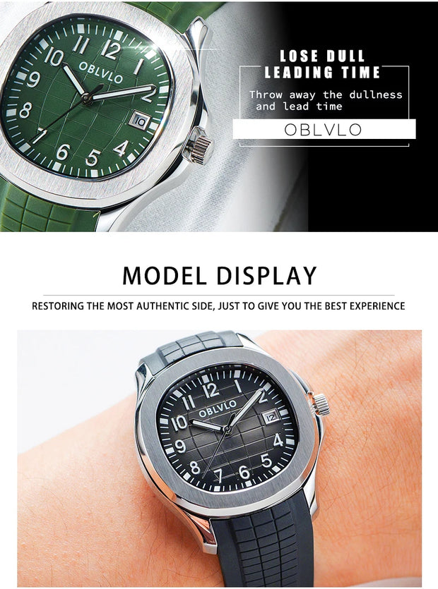 OBLVLO Trend Luxury Rose Gold Diamond Date Mechanical Automatic Watches For Men Blue Silicone Strap Waterproof Sport Watch FM-SL