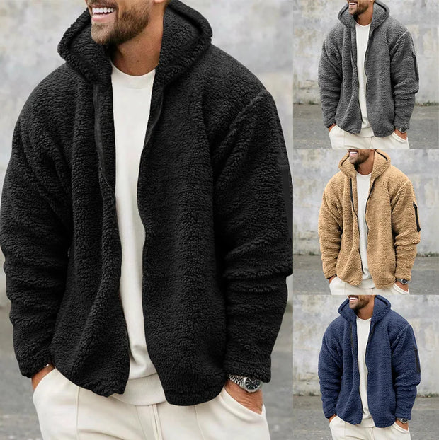 2025 Men's Casual Double-sided Plush Warm Jacket Autumn Winter Thick Wool Coats Solid Hooded Fleece Hoodies Loose Men Clothing