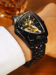 WINNER Military Triangle Skeleton Automatic Watch for Men Gold Sports Mechanical Watches Luxury Stainless Steel Strap Luminous