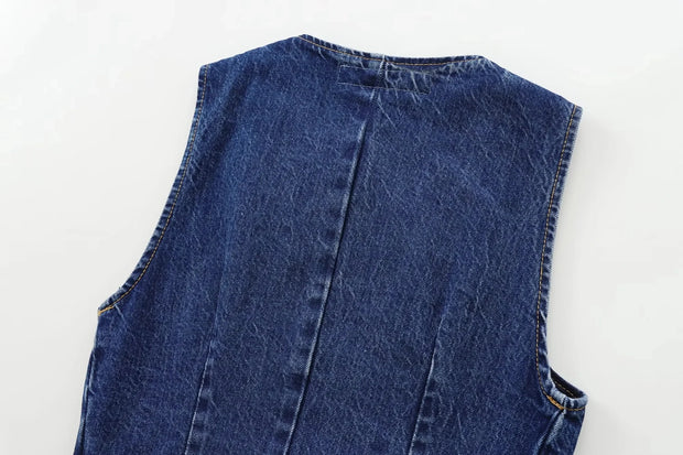 TRAF 2024 Women's Short Vest Autumn Fashion Blue Denim Vest Top Lady Casual Cropped Sleeveless Jacket Streetwear New Waistcoats