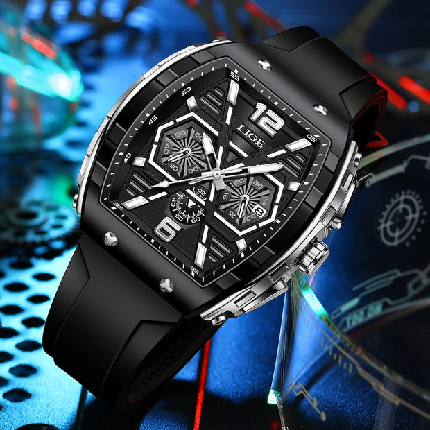 LIGE Mens Watches Top Brand Luxury Square Silicone Watch For Men Fashion Military Quartz Waterproof Chronograph Montre Homme