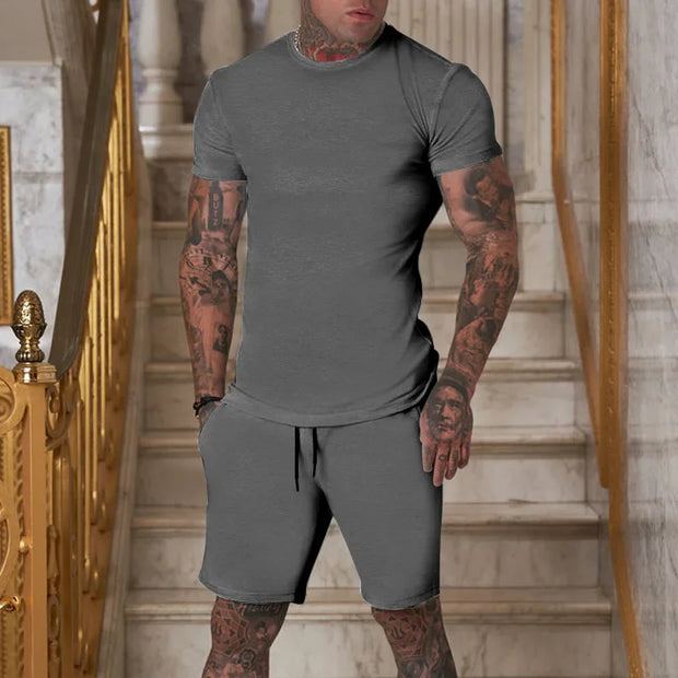 Summer men's Clothing Two Pieces Sets Mens Casual Tracksuit Men Print short sleeve Sets mens t-shirt+shorts Fitness Sportswear