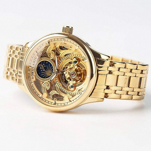 Gold  Vintage Moon Phase Automatic Watch for Men Tourbillon Skeleton Luminous Hands Luxury Brand Mechanical Watches Steel Strap