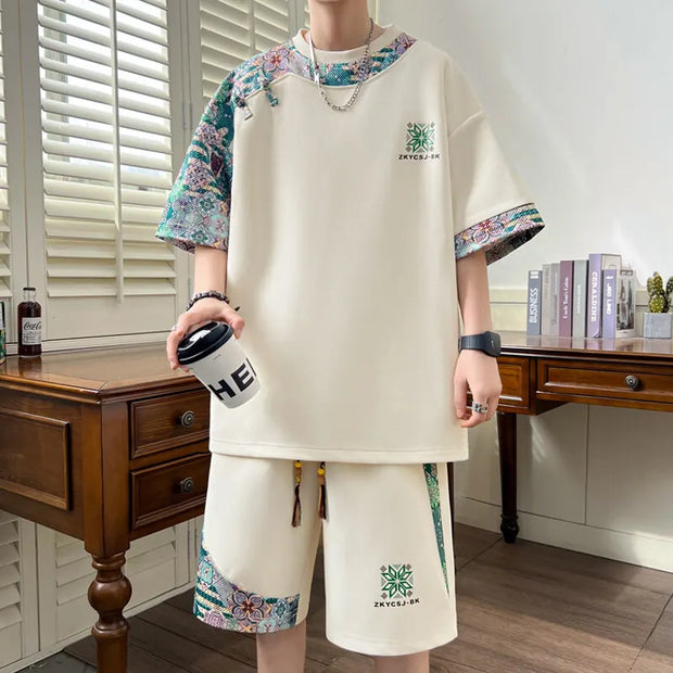 Summer Men's  Sets Mens Trend Casual Tracksuit Print Short Sleeve T-shirt+shorts Two Pieces Suit Mens Sportswear set