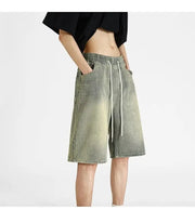 Men's denim shorts, men's 2025 summer thin style retro loose American fashion brand casual five inch mid length pants
