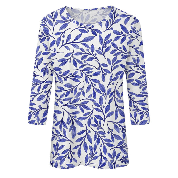 2024 Women Summer Tops Comfortable T Shirt Fashion Flower Print Round Neck 3/4 Sleeve Tops Soft Versatile Pullover Ropa De Mujer