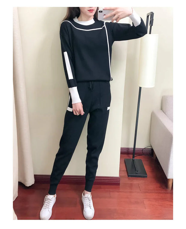 Winter Women Knitted 2 Pieces Set Muslim Casual Thicken Pullover Sweater +Knitted Pant 2PCS Suits Outfit Sport Warm Set 2024