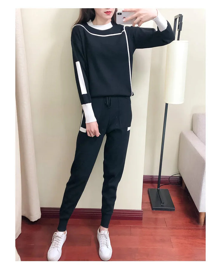 Winter Women Knitted 2 Pieces Set Muslim Casual Thicken Pullover Sweater +Knitted Pant 2PCS Suits Outfit Sport Warm Set 2024