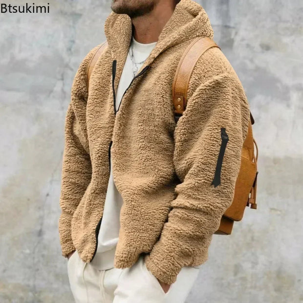 2025 Men's Casual Double-sided Plush Warm Jacket Autumn Winter Thick Wool Coats Solid Hooded Fleece Hoodies Loose Men Clothing