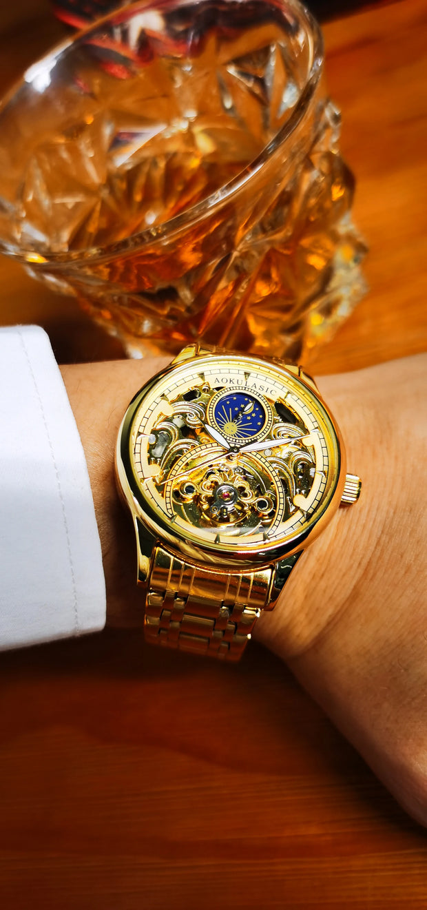 Gold  Vintage Moon Phase Automatic Watch for Men Tourbillon Skeleton Luminous Hands Luxury Brand Mechanical Watches Steel Strap