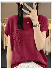 Women's T-shirt Spring/Summer Worsted Cotton Knitwear Casual Solid Color Ladies' Tops Loose Round Neck Blouse Pullover Tees