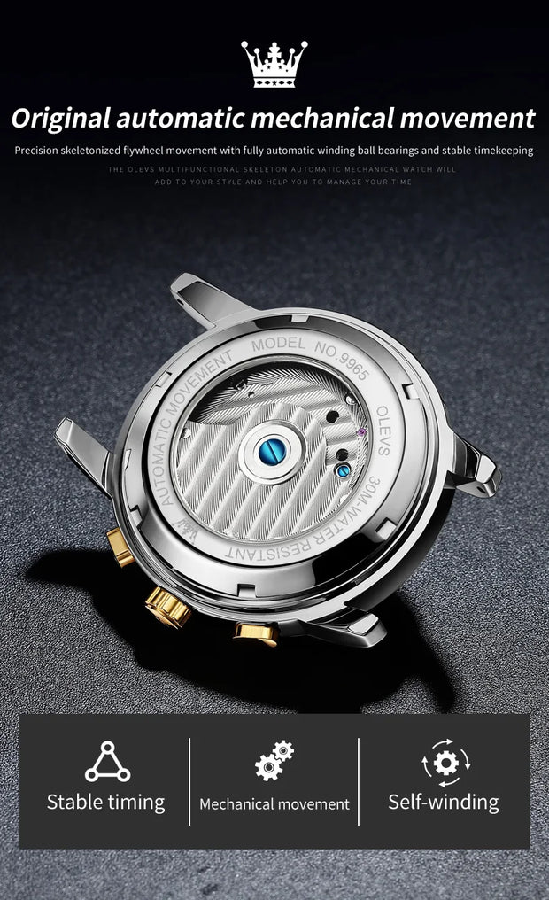 OLEVS 9965 Mens Watch Classic Hollow Out Automatic Mechanical Watch Original Movement Waterproof Luminous Calendar Year Moon
