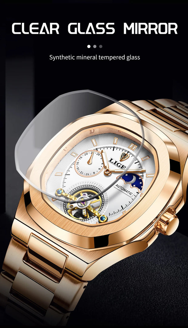 LIGE Classic Retro Men Watch Fashion Business Men's Mechanical Wristwatches Top Brand Luxury Waterproof Automatic Watch For Men