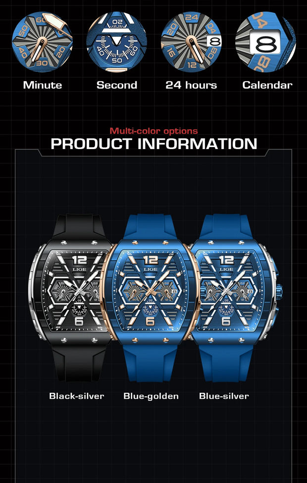 LIGE Mens Watches Top Brand Luxury Square Silicone Watch For Men Fashion Military Quartz Waterproof Chronograph Montre Homme