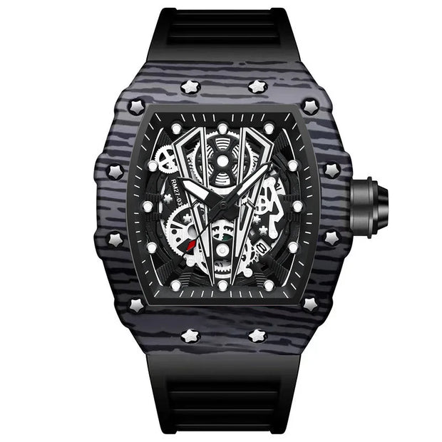 BINBOND Brand Men Watch Domineering Barrel Watch Curved Mirror Hollow Surface Sports Men Watch Silicone Quartz Wristwatch B8577
