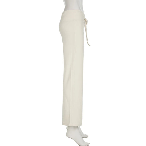 Cuteandpsycho Casual Solid Basic Pants Y2K Chic Floor Length Bottoms Vintage Aesthetic Mid Waist Drawstring Straight Trousers
