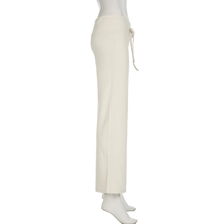 Cuteandpsycho Casual Solid Basic Pants Y2K Chic Floor Length Bottoms Vintage Aesthetic Mid Waist Drawstring Straight Trousers