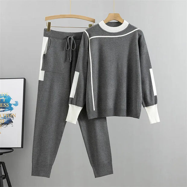 Winter Women Knitted 2 Pieces Set Muslim Casual Thicken Pullover Sweater +Knitted Pant 2PCS Suits Outfit Sport Warm Set 2024