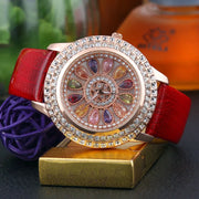Korean Ladies Watch Colorful Rhinestones Dashi Dial Quartz Watch Casual Leather Ladies Clock Gift Relogio Feminino