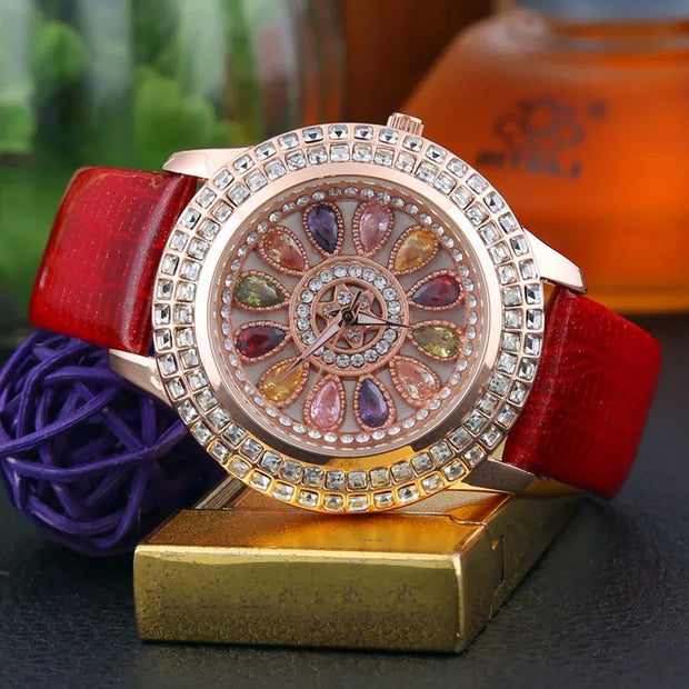 Korean Ladies Watch Colorful Rhinestones Dashi Dial Quartz Watch Casual Leather Ladies Clock Gift Relogio Feminino