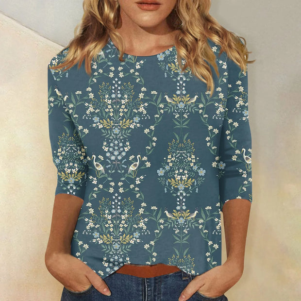 2024 Women Summer Tops Comfortable T Shirt Fashion Flower Print Round Neck 3/4 Sleeve Tops Soft Versatile Pullover Ropa De Mujer