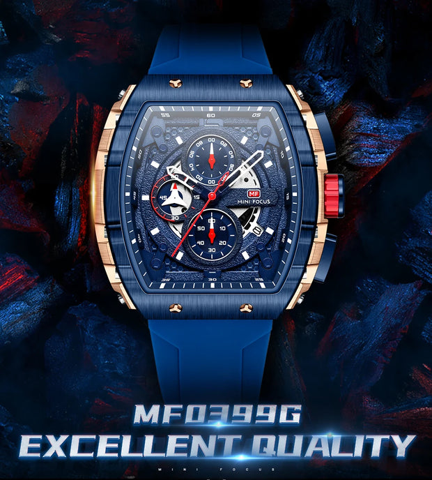 MINI FOCUS Chronograph Quartz Watch for Men Tonneau Dial Military Sport Wristwatch Male with Orange Silicone Strap Auto Date
