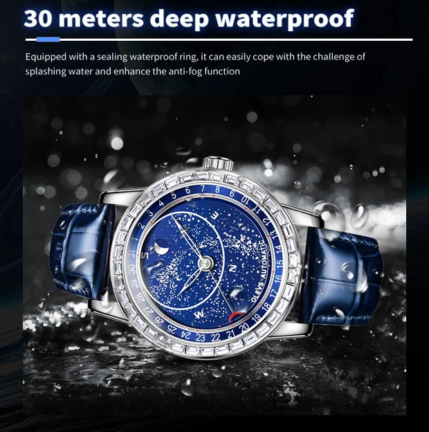OLEVS Original Men's Automatic Mechanical Watch Fashion Business Leather Strap Luxury Diamond Starry Sky Moon Phase Men's Watch