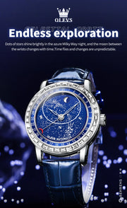 OLEVS Original Men's Automatic Mechanical Watch Fashion Business Leather Strap Luxury Diamond Starry Sky Moon Phase Men's Watch